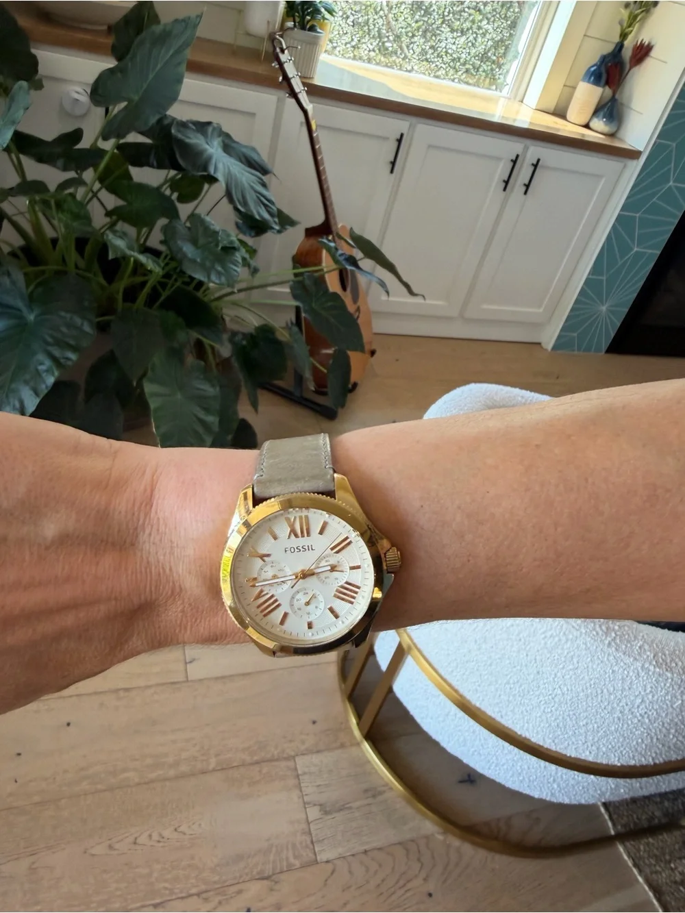 Fossil Women’s Taupe Genuine Leather Strap Watch with Gold Case